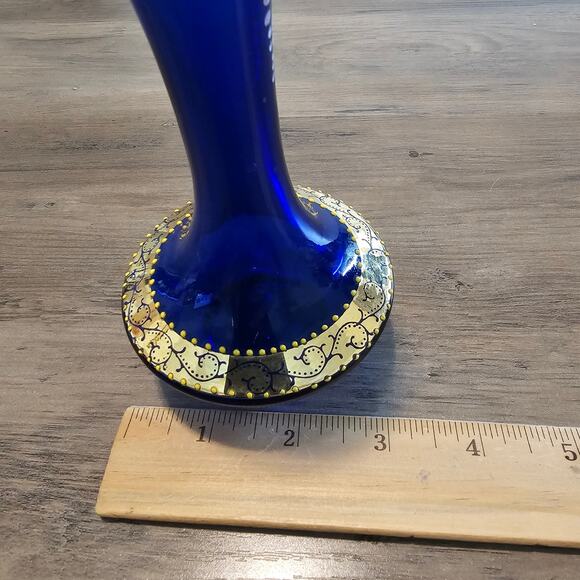 Vintage Hand painted Czech Bohemian Cobalt Blue Glass 7" Bud Vase Floral MCM - Picture 9 of 13